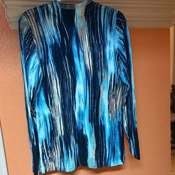 Carmen Marc Valvo Blue Teal & Black V-Neck Sweater with Rhinestones - Picture 3 of 4